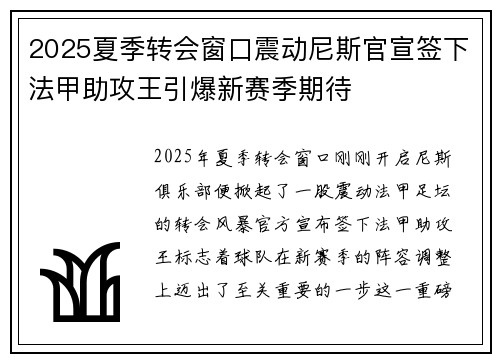 2025夏季转会窗口震动尼斯官宣签下法甲助攻王引爆新赛季期待 2025夏季转会窗口震动尼斯官宣签下法甲助攻王引爆新赛季期待